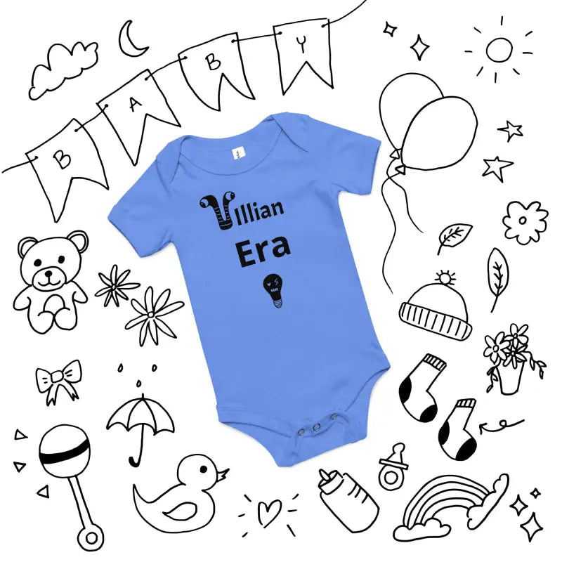 Light blue baby onesie with Villain Era text in black, made from ring-spun cotton