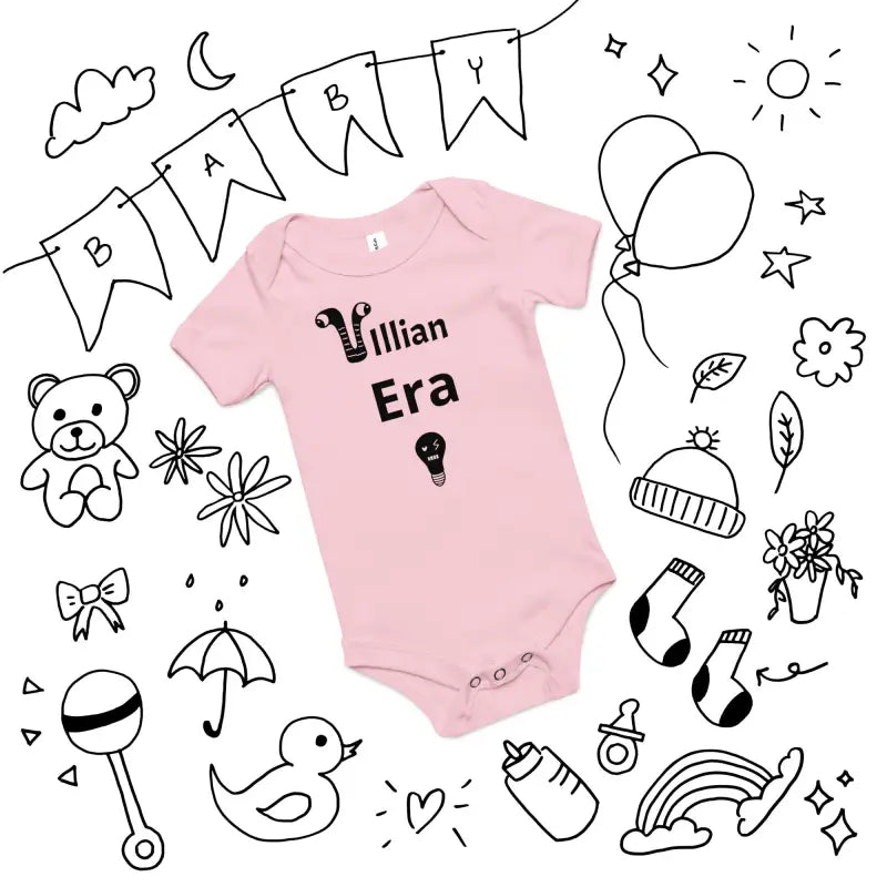 Pink baby onesie with Villain Era text in ring-spun cotton fabric for stylish infants