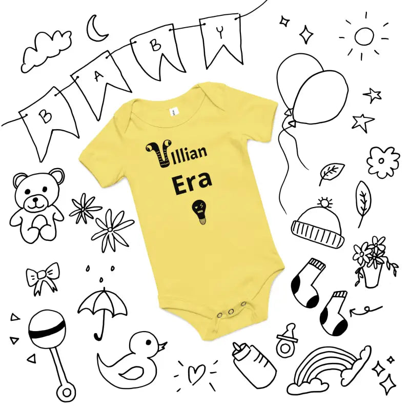 Yellow ring-spun cotton baby onesie with Villain Era text and graphic design