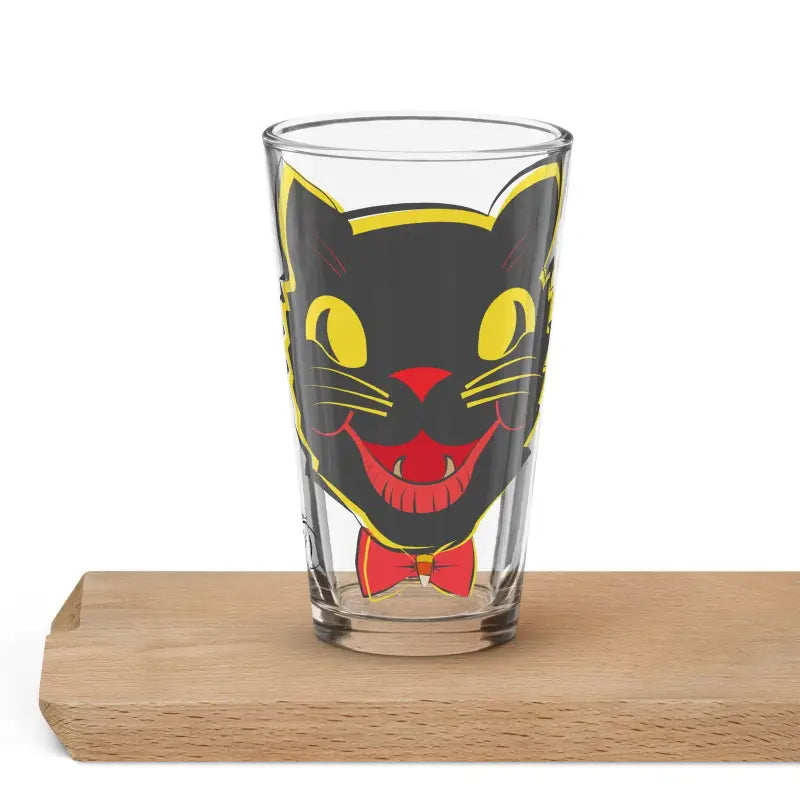 Clear Cat Shaker Pint Glass featuring vintage cat face design with red bow tie