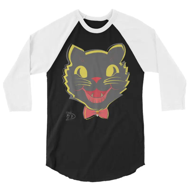 Vintage Black Cat Raglan featuring a cute cartoon cat with yellow eyes and red bow tie