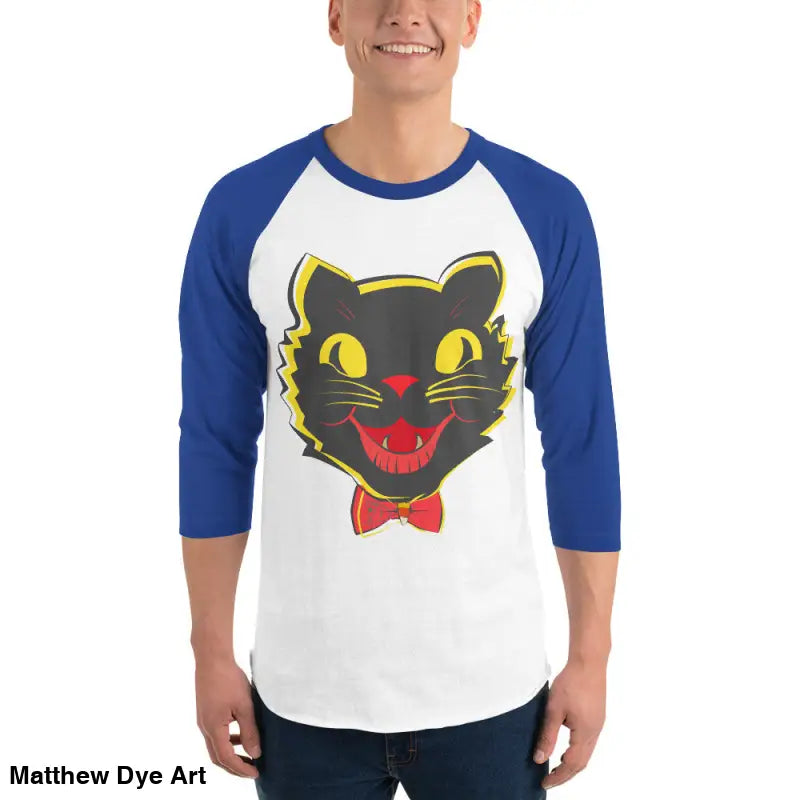 Blue-sleeved Vintage Black Cat Baseball Shirt featuring a black cat graphic
