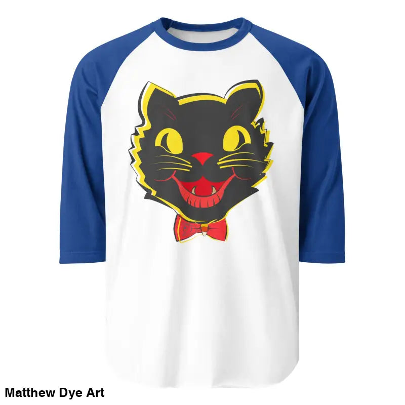 Vintage Black Cat Baseball Shirt featuring a black cat graphic and blue sleeves