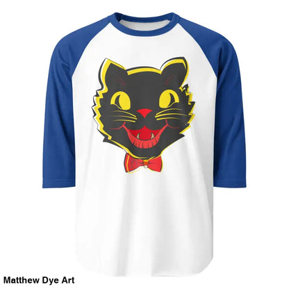 Vintage Black Cat Baseball Shirt featuring a black cat graphic and blue sleeves