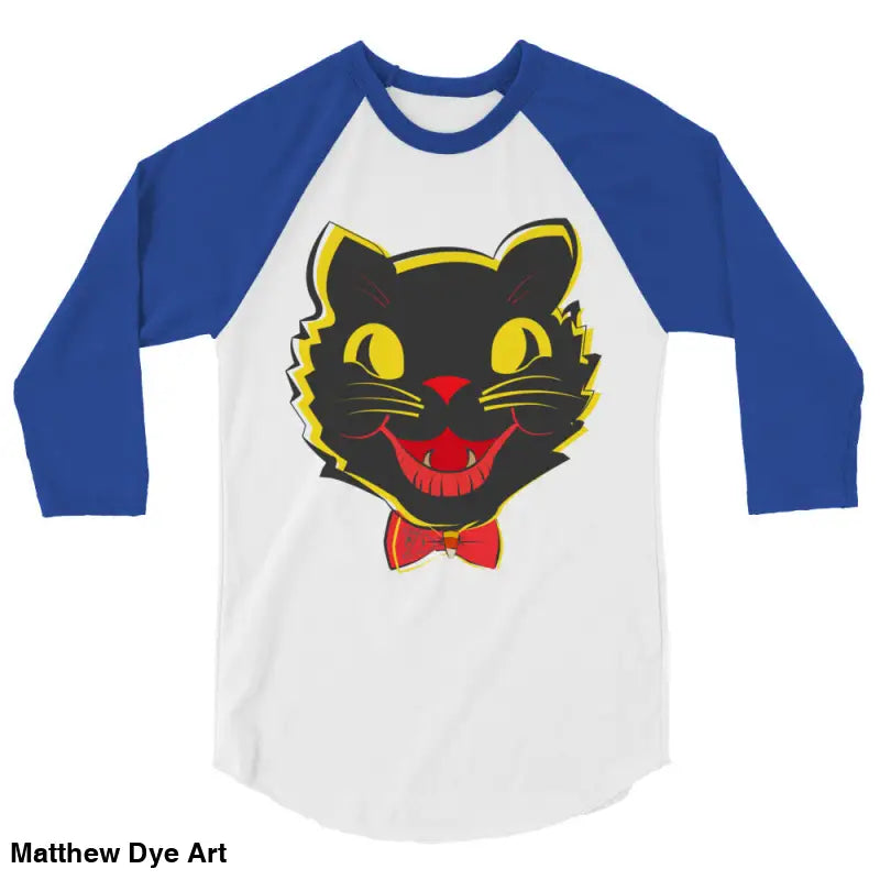 Vintage Black Cat Baseball Shirt featuring a cute black cat graphic on blue sleeves