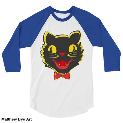 Vintage Black Cat Baseball Shirt featuring a cute black cat graphic on blue sleeves