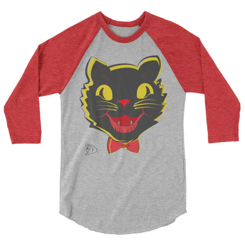 Vintage Black Cat Raglan T-Shirt featuring a cute cat face and bow tie for Halloween