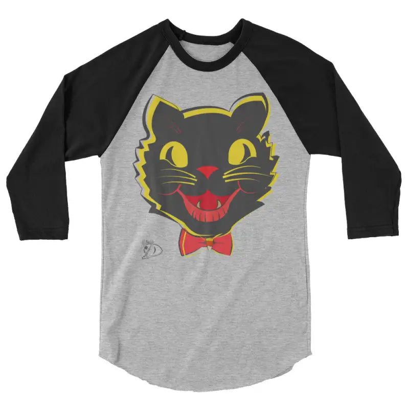 Vintage Black Cat Raglan T-Shirt featuring a black cat face with yellow eyes and red bowtie