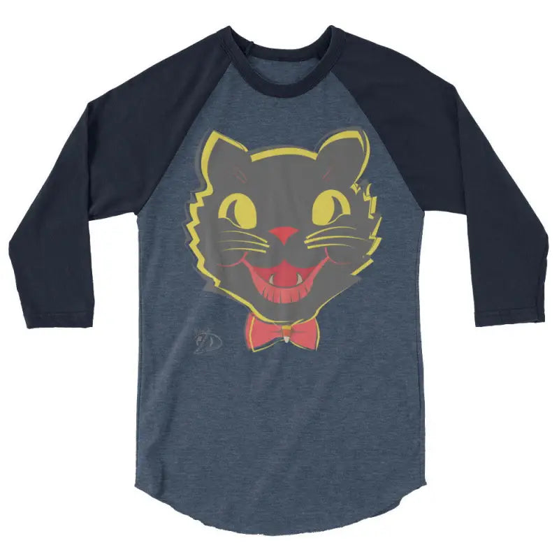 Navy and gray baseball t-shirt featuring a vintage black cat design for Halloween