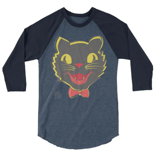 Navy and gray baseball t-shirt featuring a vintage black cat design for Halloween