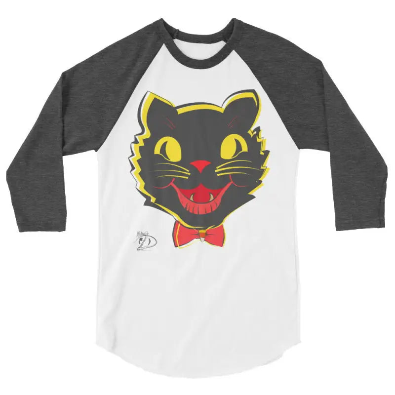 Vintage black cat raglan t-shirt featuring a black cat face and red bow tie graphic