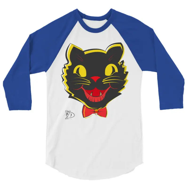 Vintage Black Cat Raglan T-Shirt featuring a black cat face with a red bowtie