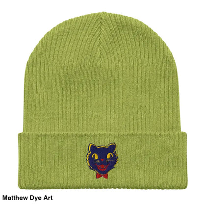 Green knit beanie featuring a vintage Halloween cat design for unisex wear