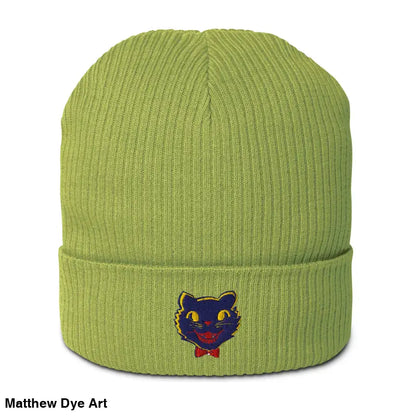 Green organic knit beanie featuring vintage Halloween cat design for unisex style