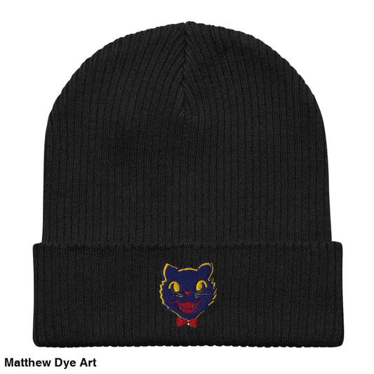 Vintage Black Cat Beanie - Organic knit hat featuring a playful cat design for Halloween