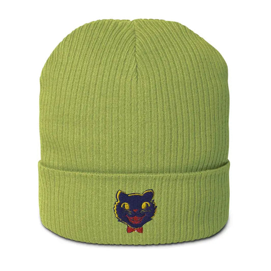 Lime green organic beanie featuring a vintage Halloween cat embroidered patch