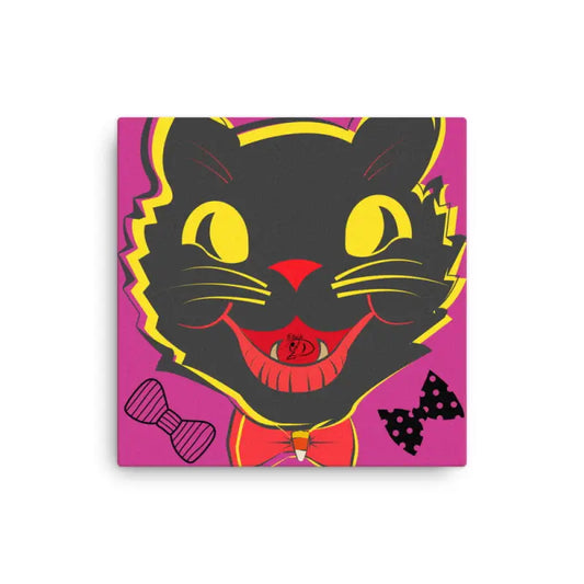 Smiling black cat with yellow eyes and red bowtie on whimsical vintage cat canvas