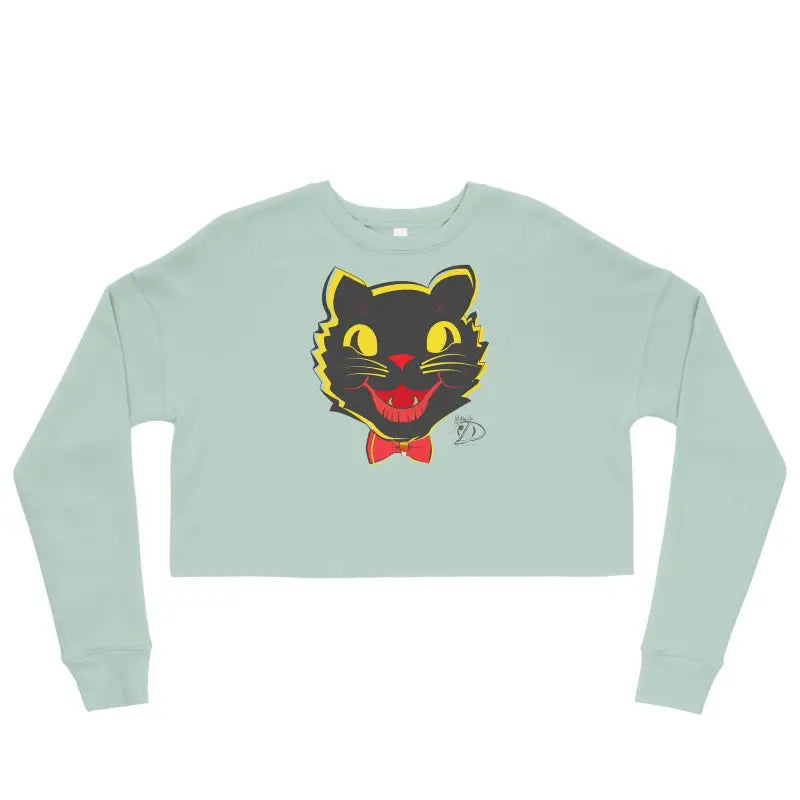 Mint green vintage black cat crop sweatshirt with whimsical black cat face and red bow tie