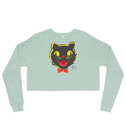 Mint green vintage black cat crop sweatshirt with whimsical black cat face and red bow tie