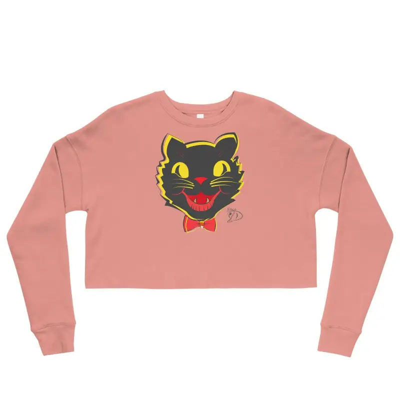 Pink cropped sweatshirt with vintage black cat face, yellow eyes, and a red bow tie