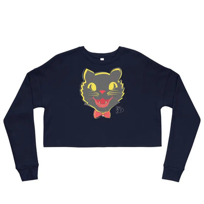 Navy blue vintage black cat crop sweatshirt with black cat design, yellow eyes, red bow tie