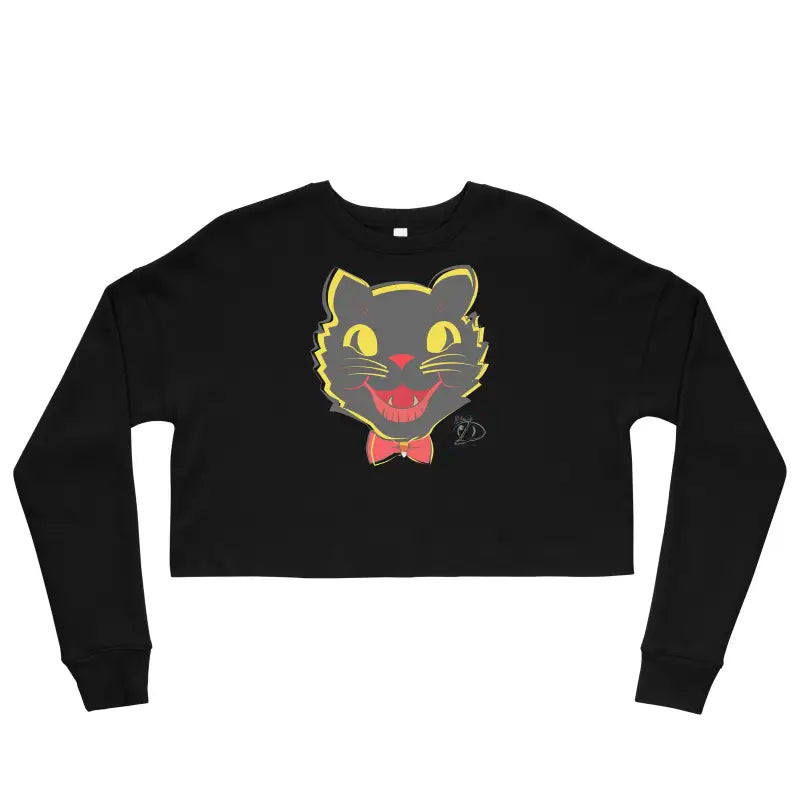 Black cropped sweatshirt featuring a vintage black cat face with yellow eyes and red bow tie