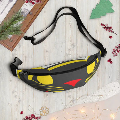 Black fanny pack with yellow and red accents from Halloween collection featuring vintage black cat