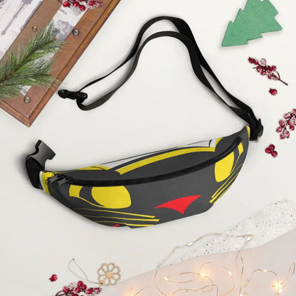 Black and yellow fanny pack with red accents from the Halloween collection featuring vintage black cat