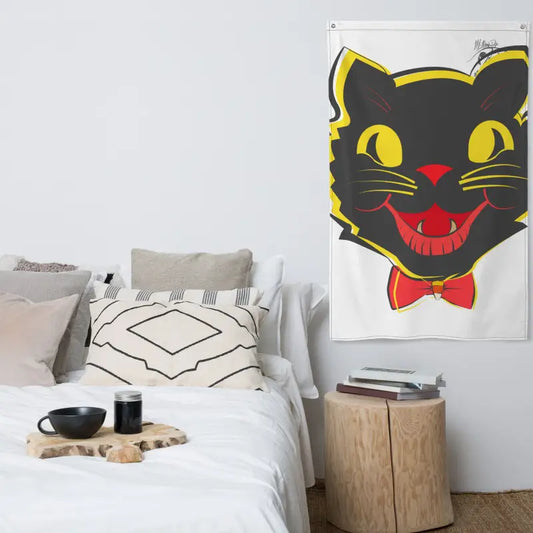 Vintage Black Cat Flag wall tapestry showcasing enchanting whispers of retro Halloween décor