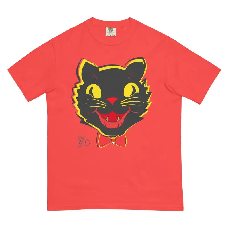 Red vintage cat heavyweight t-shirt featuring a black cat face with yellow eyes and bow tie