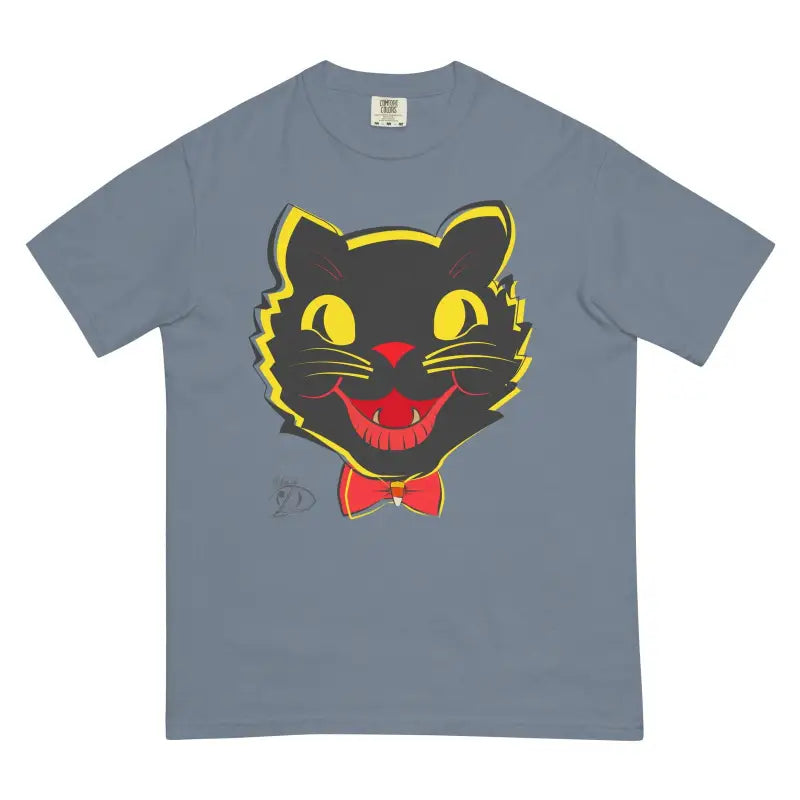 Grey Vintage Cat Heavyweight T-Shirt featuring a black cat face with yellow eyes and bow tie