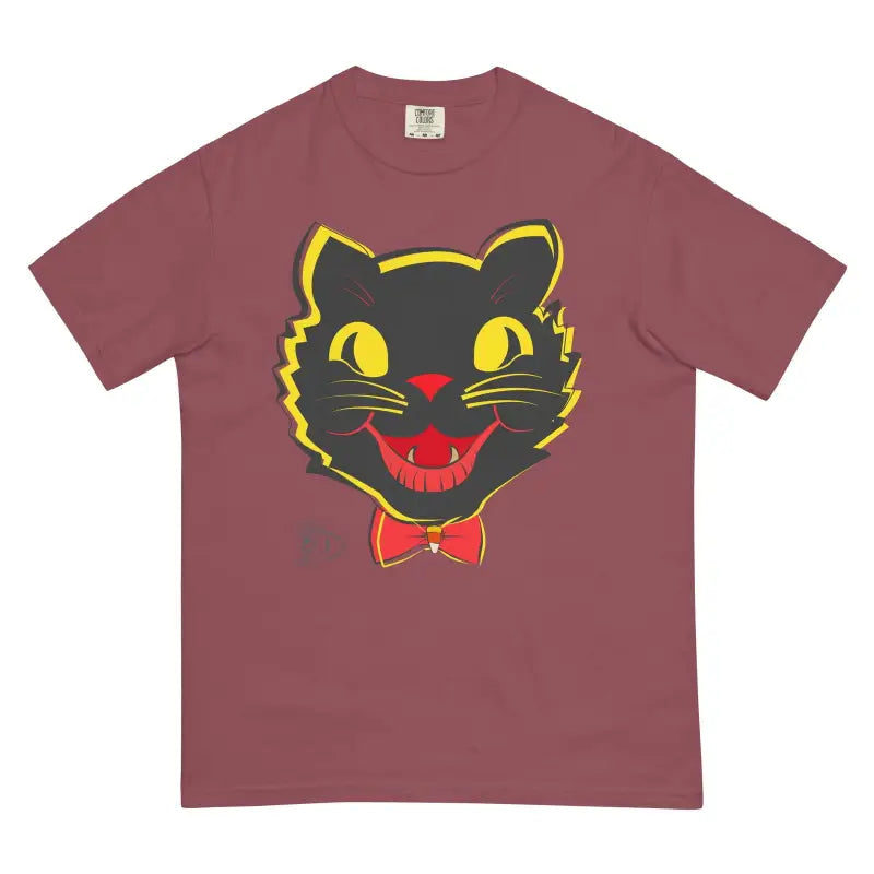 Burgundy vintage cat heavyweight t-shirt with black cat face design and yellow outlines