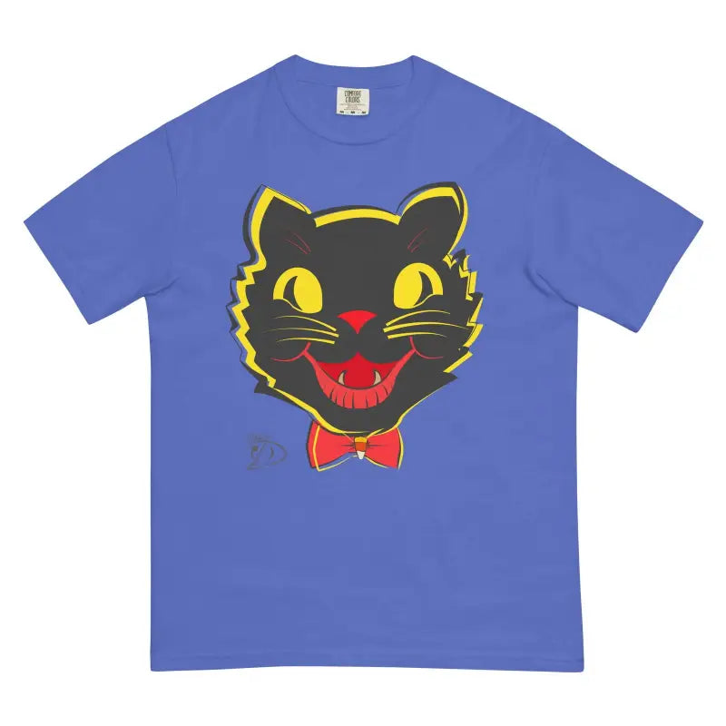 Blue t-shirt featuring a vintage cat heavyweight design with a black cat graphic