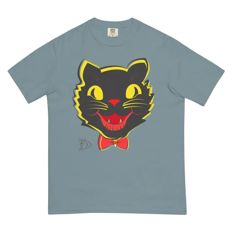 Grey vintage cat heavyweight t-shirt featuring a black cat face with yellow eyes and bow tie