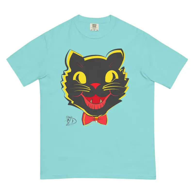 Mint green vintage cat heavyweight t-shirt with black cat face, yellow eyes, and red bow tie