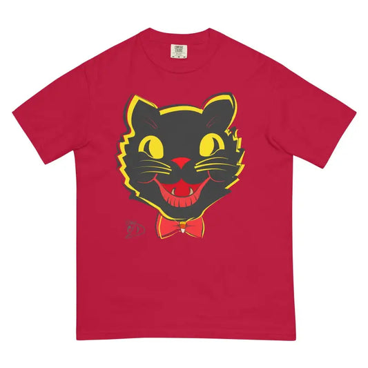 Red vintage cat heavyweight t-shirt featuring a black cat face with yellow eyes