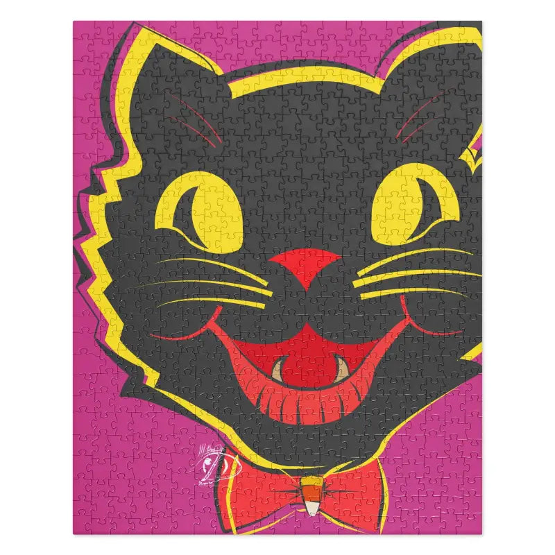 Charming black cat design with yellow eyes in Vintage Cat Jigsaw against pink background