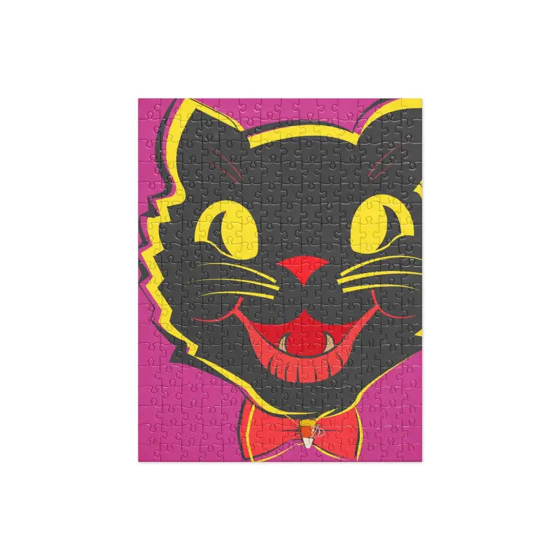 Charming vintage-inspired black cat design with yellow eyes on pink backdrop for jigsaw