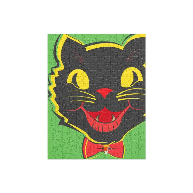 Whimsical Vintage Cat with yellow eyes and red grin on green backdrop for Halloween collection