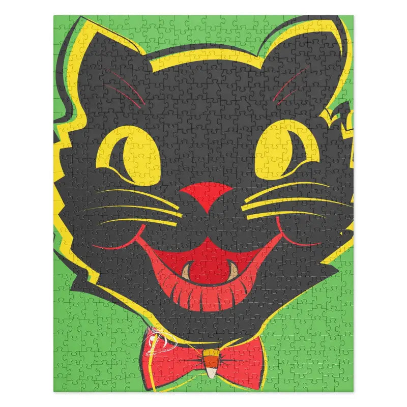 Smiling black cat head with yellow eyes and red bow tie in Whimsical Vintage Cat design