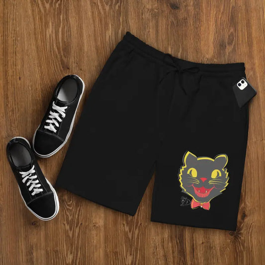 Black shorts featuring a vintage black cat graphic for men’s fleece streetwear