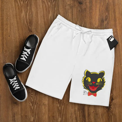 White shorts featuring a black cat graphic from the Vintage Black Cat Men’s Fleece collection