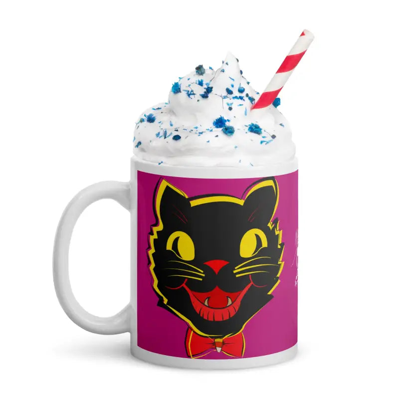 Vintage Black Cat Mug featuring ceramic design with whipped topping and straw
