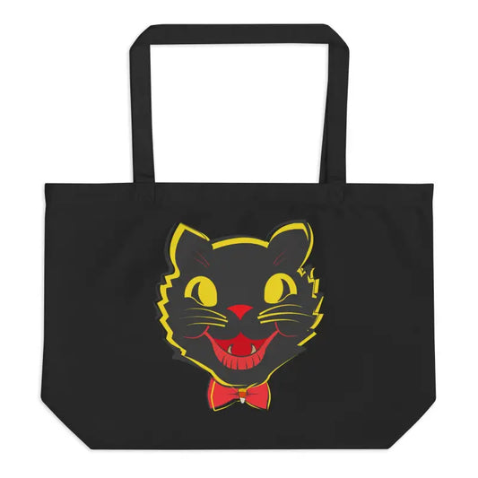 Black tote bag featuring vintage black cat graphic in organic cotton design