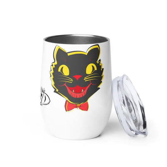 White insulated Vintage Black Cat Wine Tumbler featuring cartoon black cat with bow tie