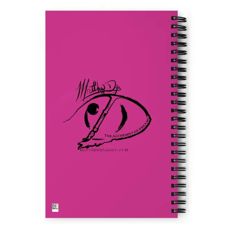 Pink spiral notebook with black artistic logo, ideal for vintage cat spiral enthusiasts