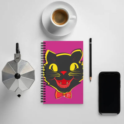Spiral-bound Vintage Black Cat Spiral Notebook with playful pink and delightful flamingo background