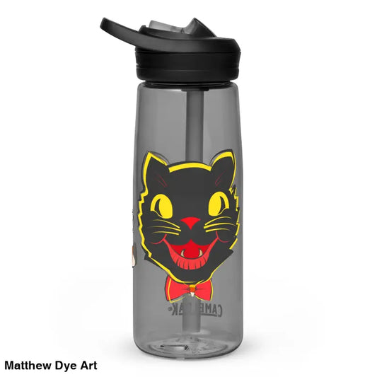 Gray water bottle featuring a vintage black cat design for stylish hydration