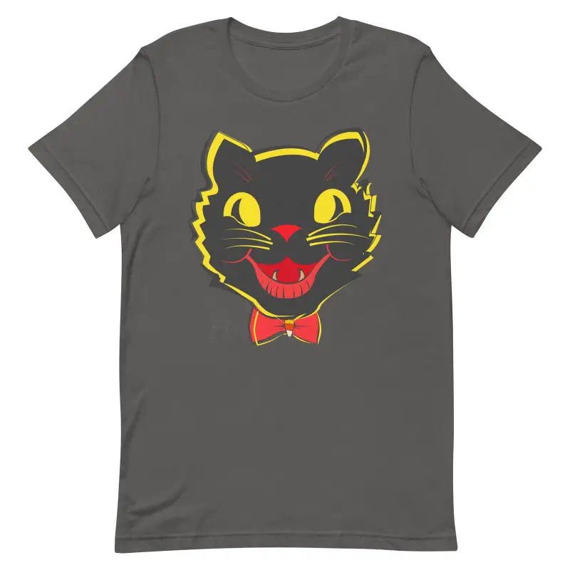 Grey vintage cat unisex t-shirt featuring a smiling black cat with yellow eyes and a red bowtie