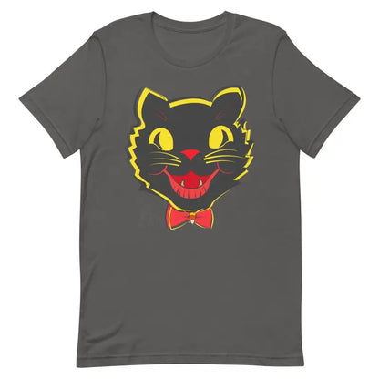 Grey vintage cat unisex t-shirt featuring a smiling black cat with yellow eyes and a red bowtie